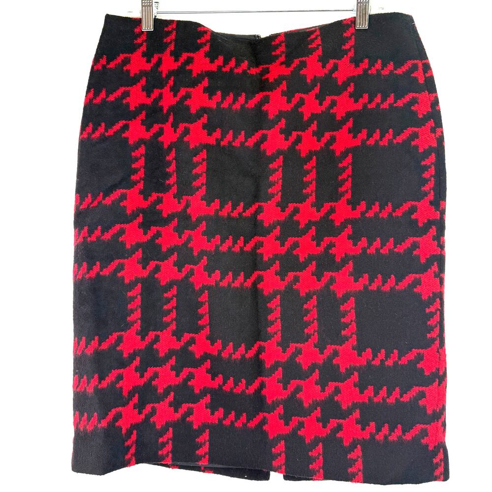Talbots Women’s Red & Black Houndstooth Wool Blend Pencil Skirt Lined Size 12
